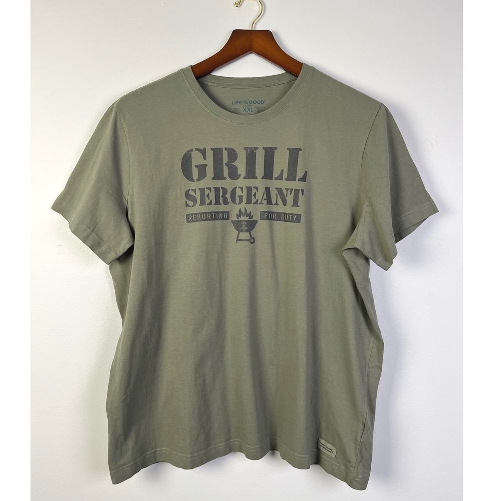 Life is Good Grillโ Sergeant Green Graphic T-Shirt BBQ Dadcore XXL New